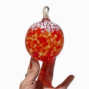 Stunning Handblown Orange/Red/White Glass Ornament, 3.5” diameter